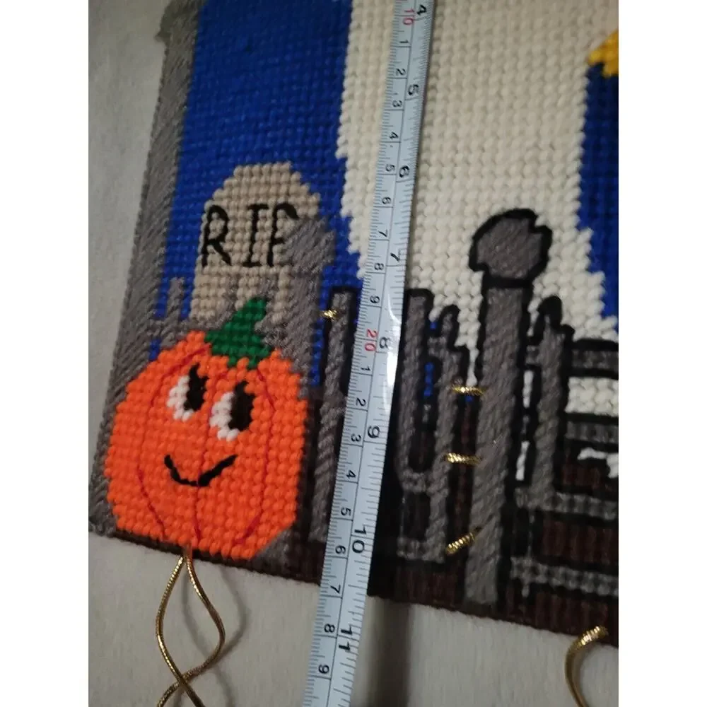 Set 2 Vintage Halloween Needlepoint on Plastic Decoration Pumpkin Ghost Graveyar